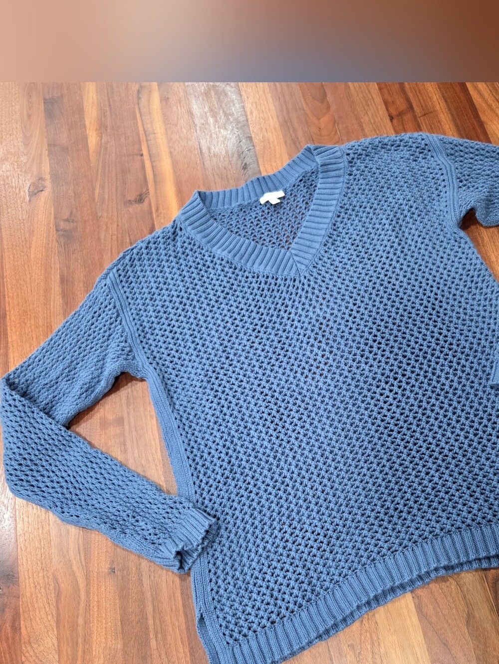 Talbots Open-Knit V-Neck Fisherman Core Nautical Sweater in Dusty Blue Large